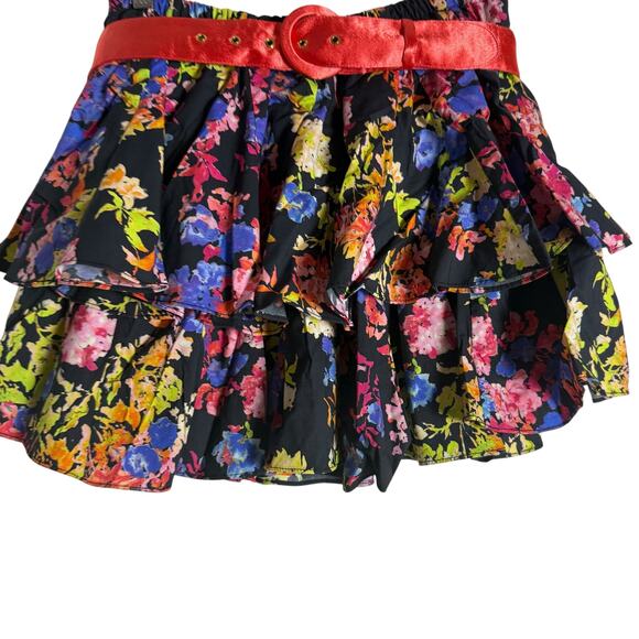 Caroline Constas Reign Black Multi Floral Tiered Ruffle Belted Mini Skirt M - Picture 5 of 8